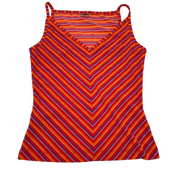 Guess Womens Striped V-Neck Sleeveless Tank Top L Red & Pink - Picture 1 of 6